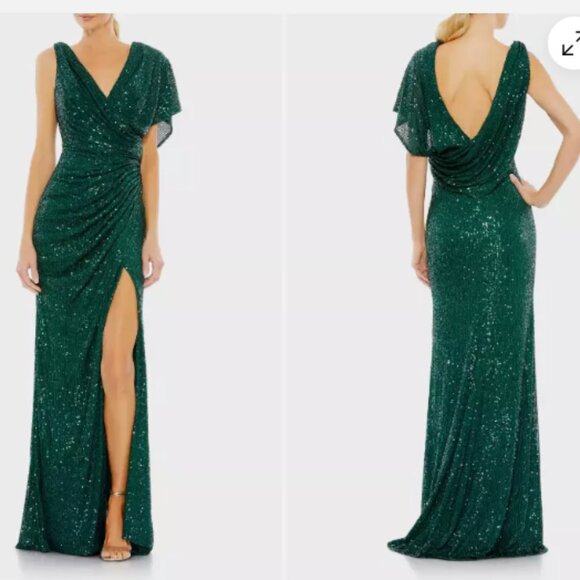 MAC DUGGAL 26988 SEQUINED ASYMMETRICAL DRAPED TRUMPET EMERALD GOWN sz 8